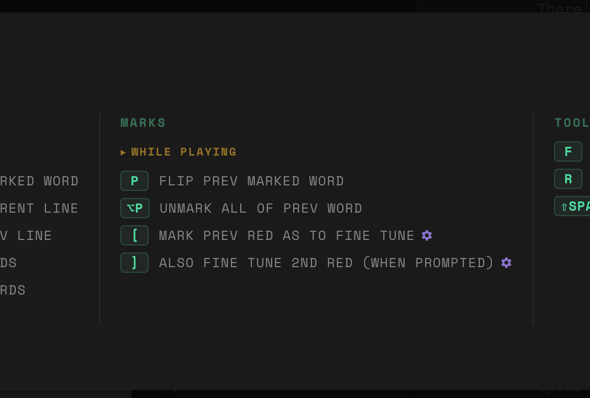 AVTrim's keyboard shortcuts overlay for transcript mode, showing the playback and marks columns: play next marked word, bookmark current line, unmark all of prev word.