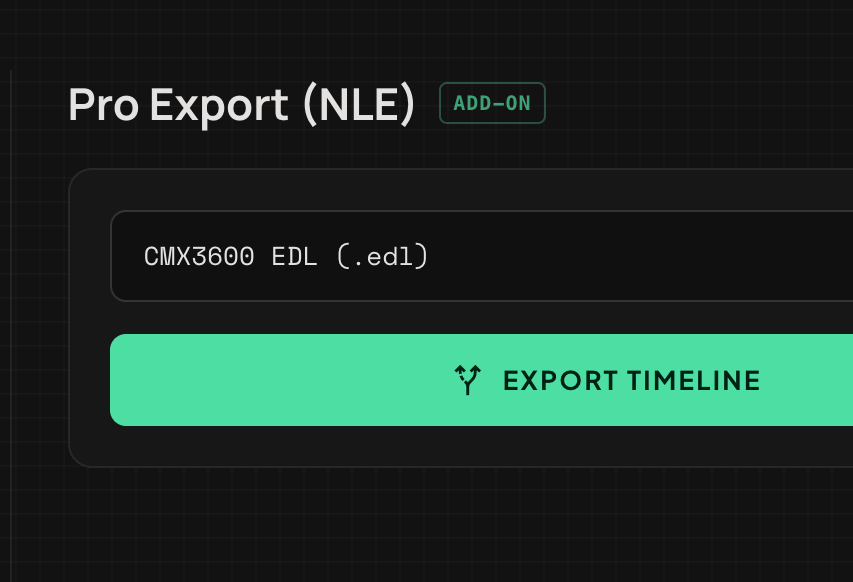AVTrim's export screen: fillers removed, time removed and output length above the cut map, with the render engine set to local or cloud, Run export, and Pro Export set to CMX3600 EDL (.edl).