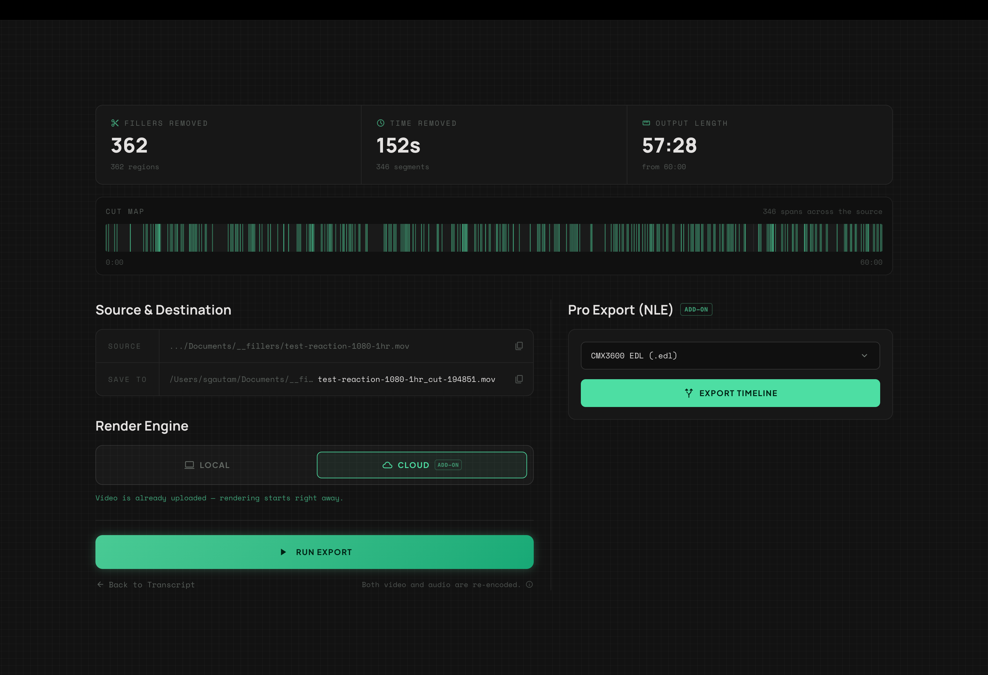 AVTrim's export screen cropped to the render engine local and cloud toggle, the Run export button and the Pro Export CMX3600 EDL panel.