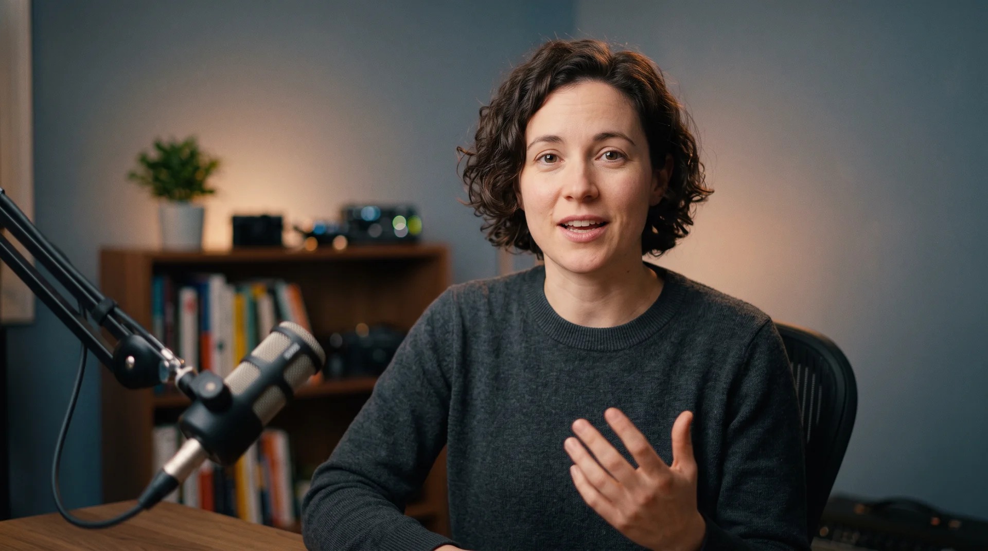 The take playing in AVTrim's preview pane: a creator mid-sentence at a desk microphone in a home studio.